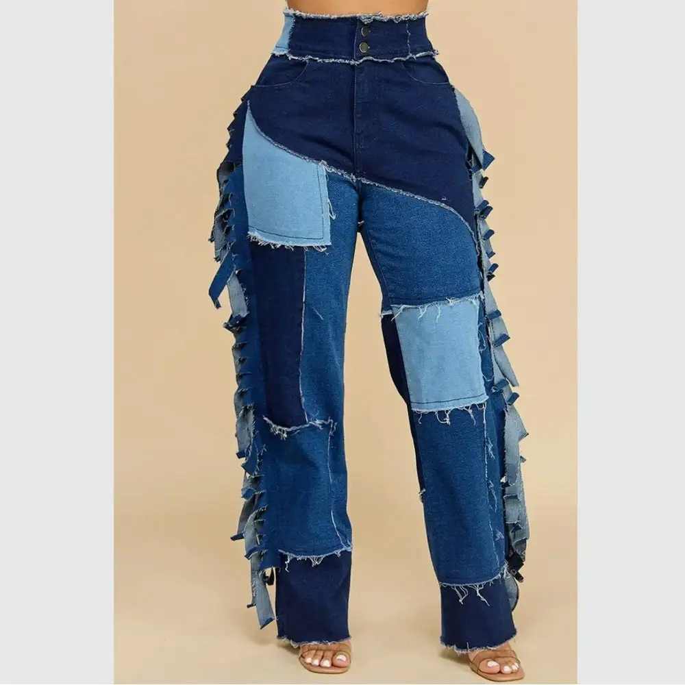 Fringe Drama Patchwork Jeans High Waist Flare Denim In Plus