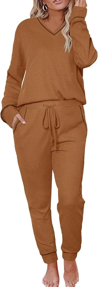 Women's Long Sleeve Knit Loungewear Set Jogger Pants Outfit