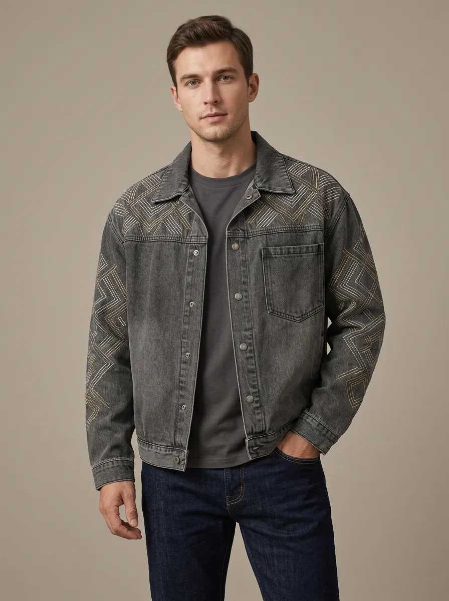 Men's Ornamental Geometric Printed Denim Jacket