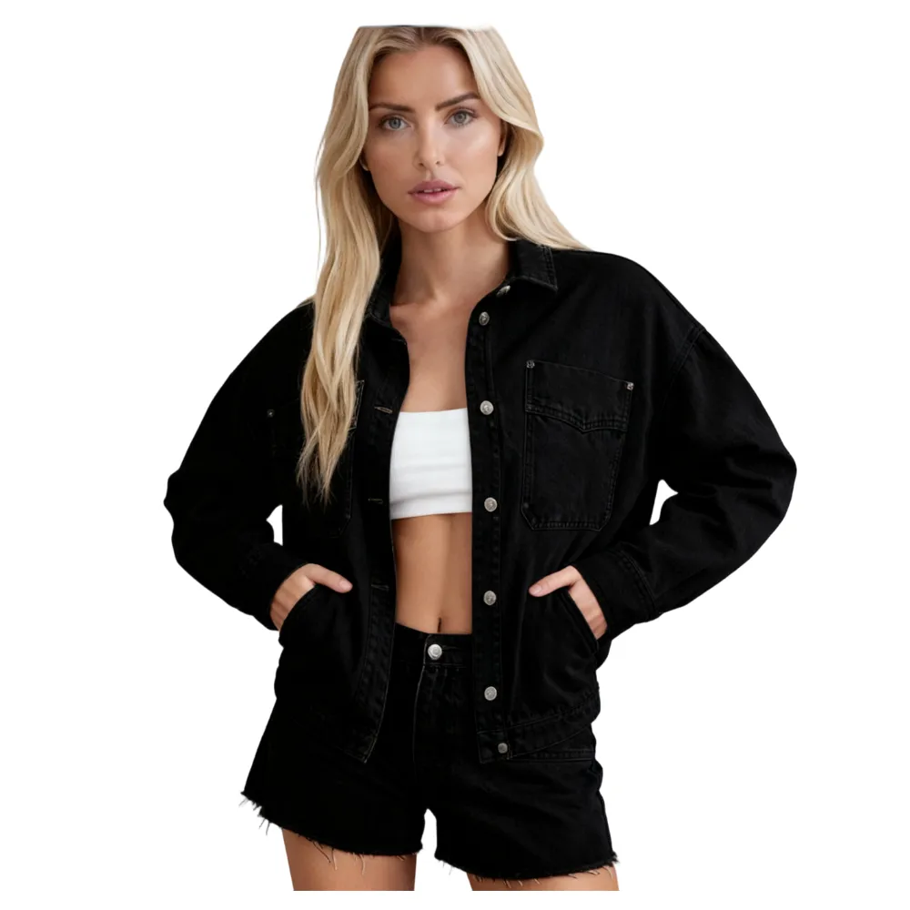 Women's Plain Button Front Drop Shoulder Curved Hem Denim Jacket