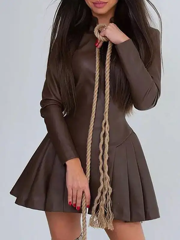 Long Sleeve Skinny Pleated Split Joint Zipper Stand Collar Mini Dress