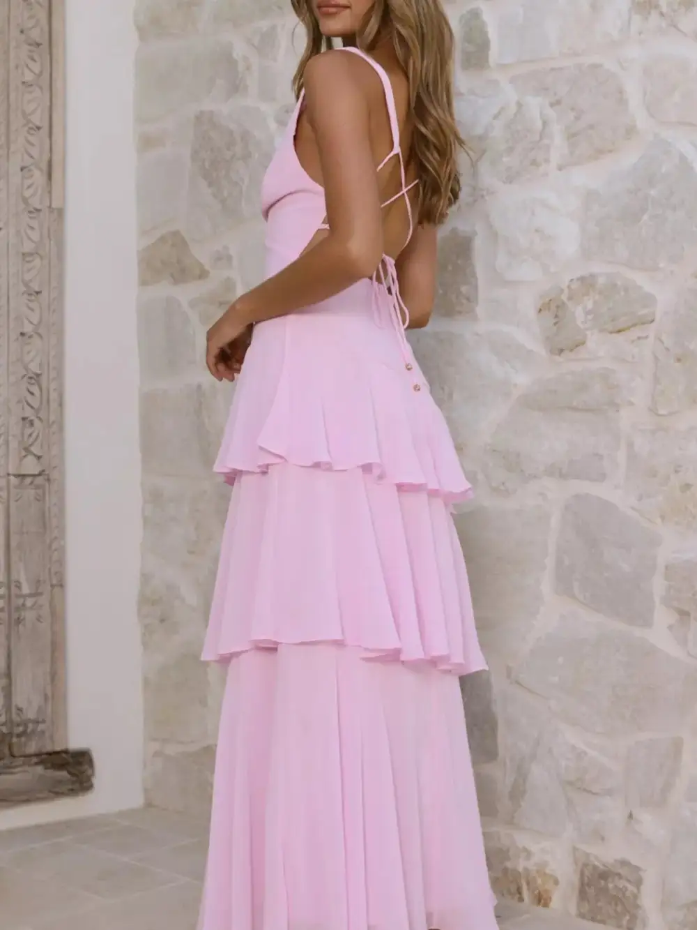 Sleeveless Ruffled Layered Backless Maxi Dress