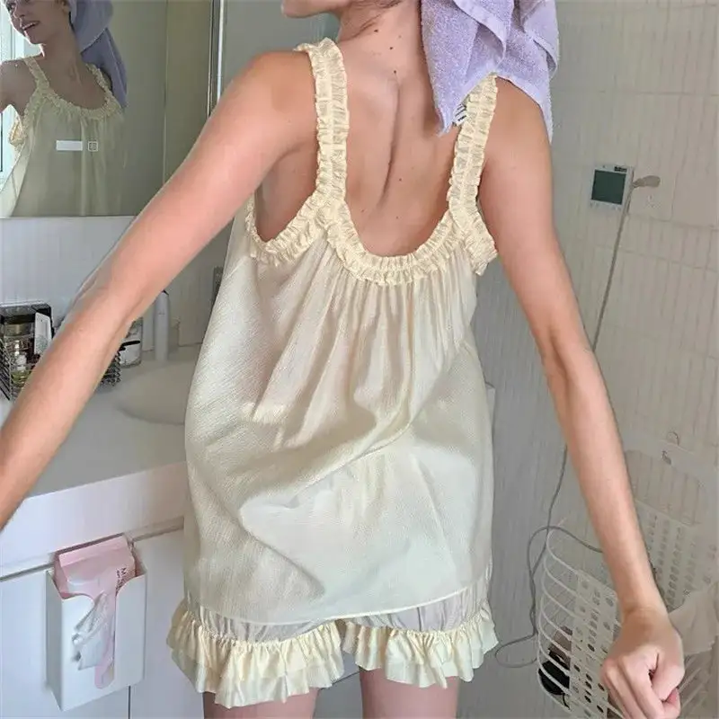 Sheer Ruffle Trim Pleated Tank Top and Shorts Lounge Set