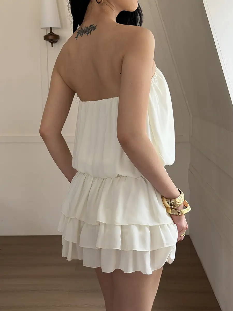 Sleeveless Elasticity Pleated Ruffle Solid Color Split Joint Tube Mini Dress