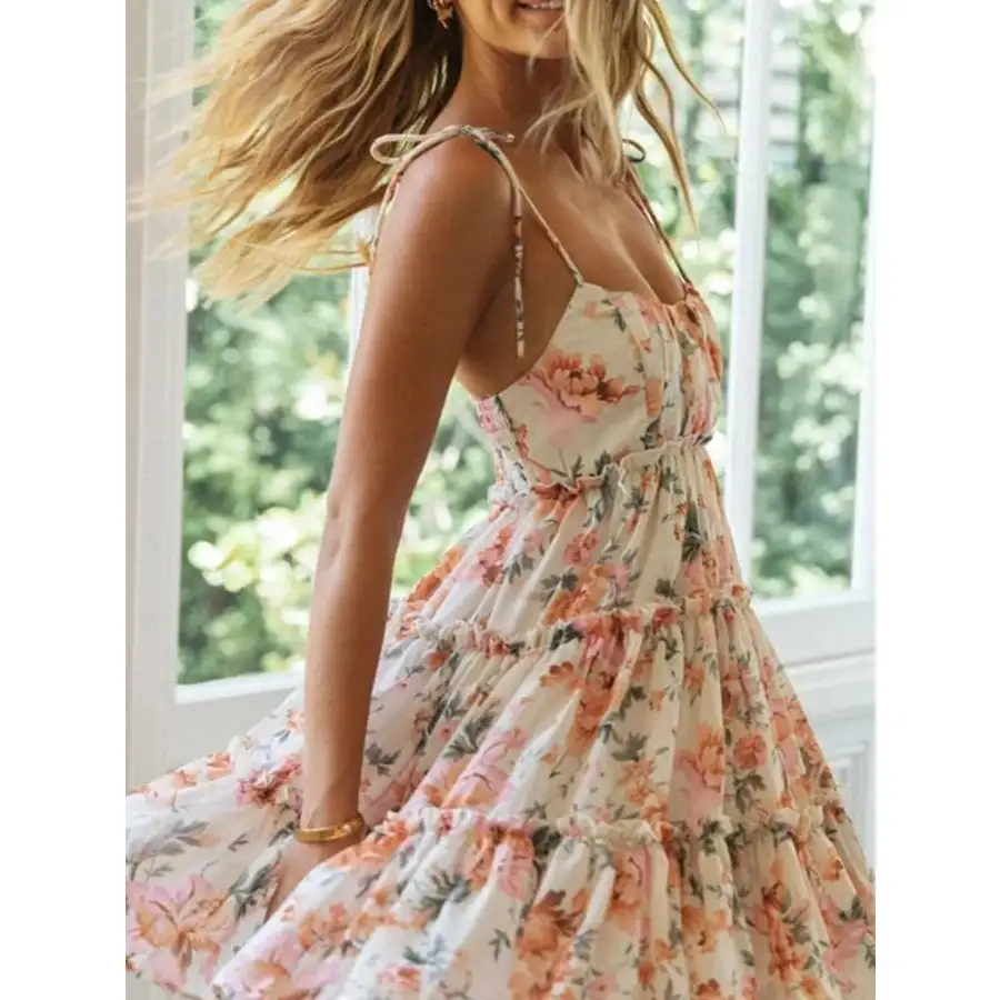 Printed Tie-strap Tiered Mini Dress