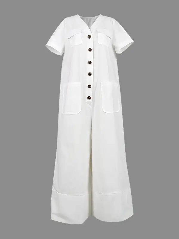 Losse Jumpsuits Met Korte Mouwen Knoopzakken Effen Kleur