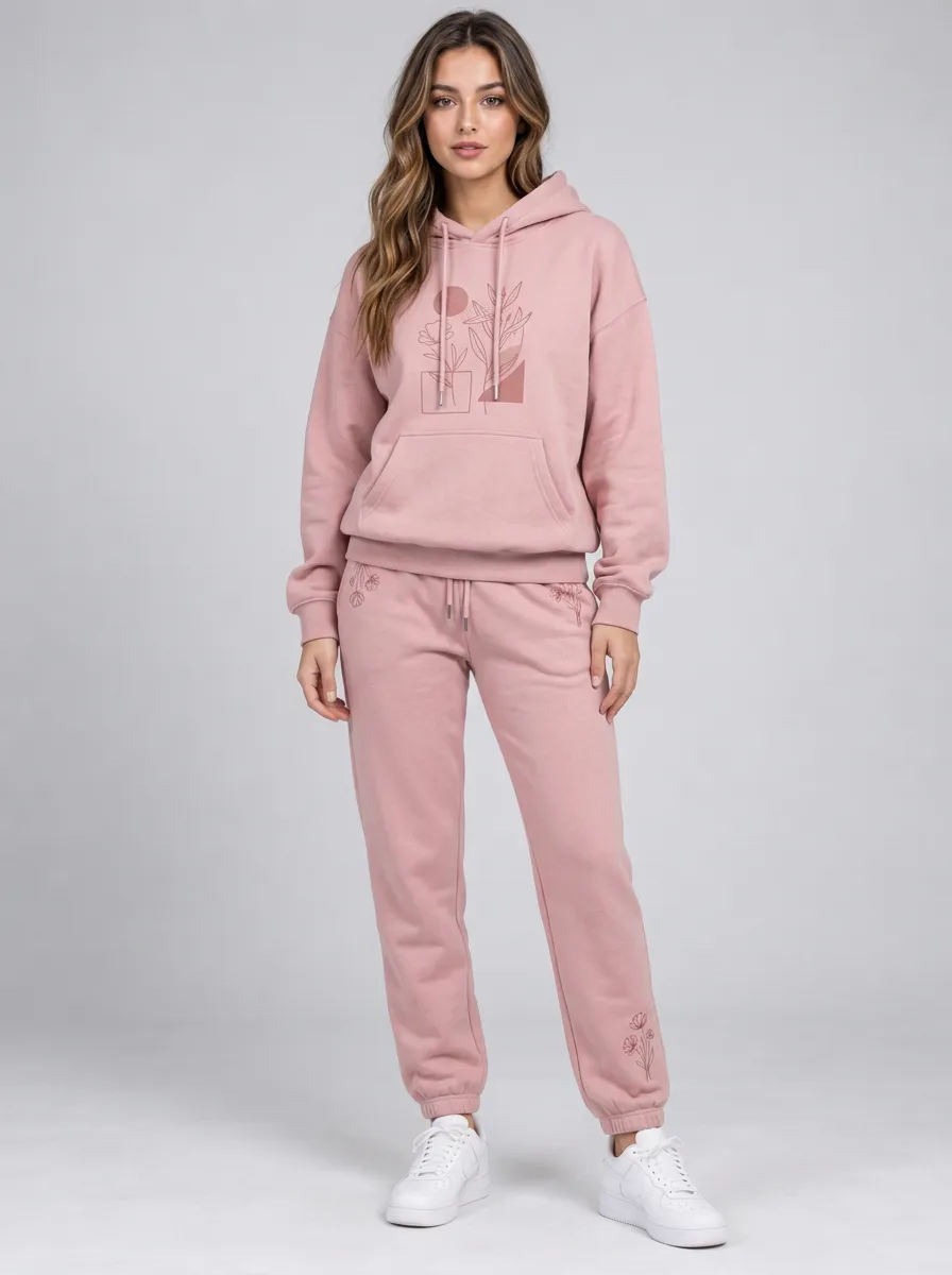 Women's Dusty Rose Relaxed Fit Solid Hoodie & Jogger Pants Set