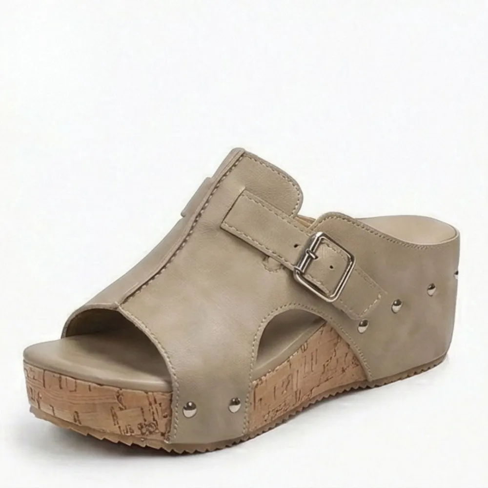 Retro Cork Wedge Sandals with Rivet Detail