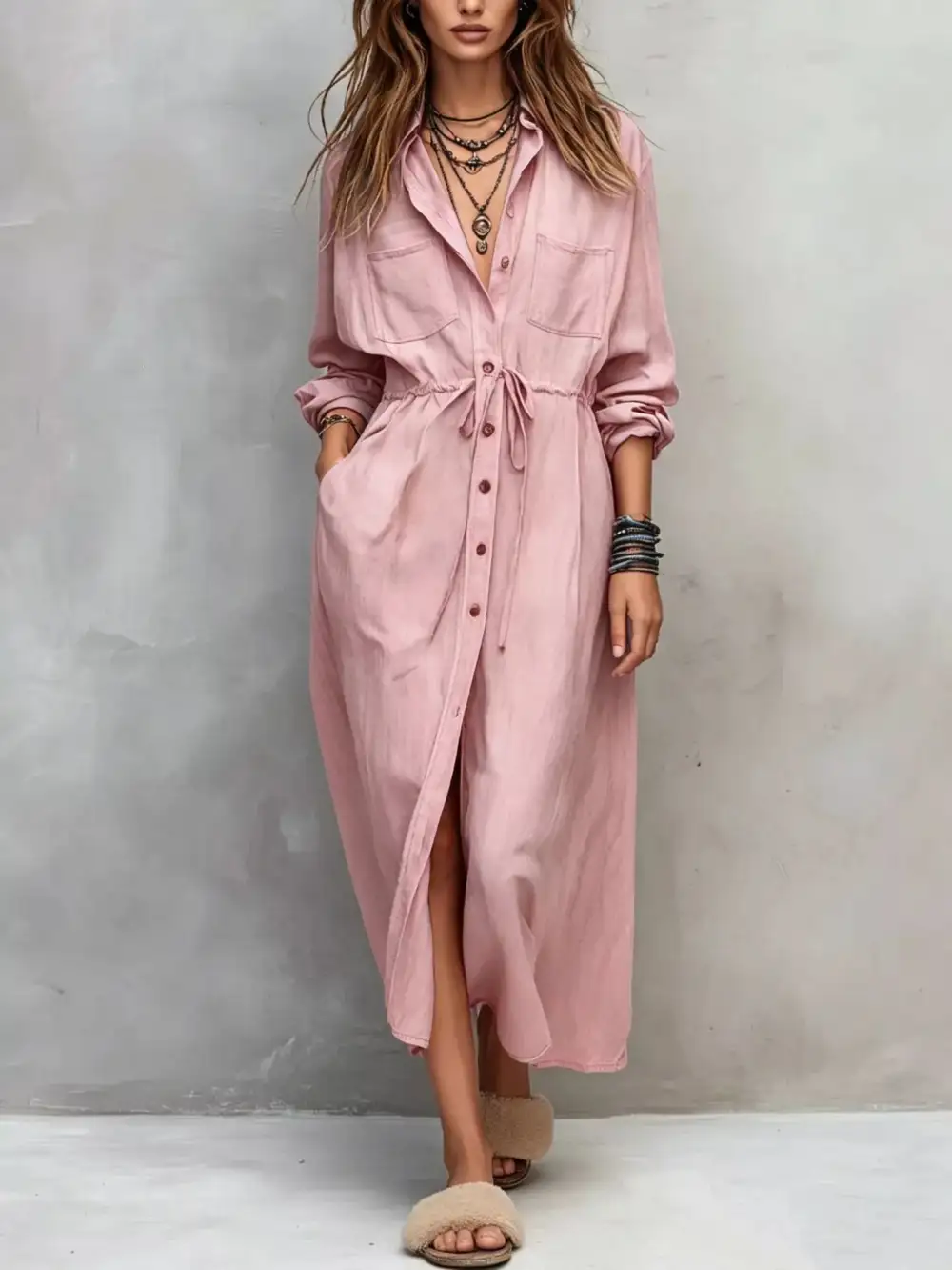 Button Front Long Sleeve Drawstring Waist Shirt Dress