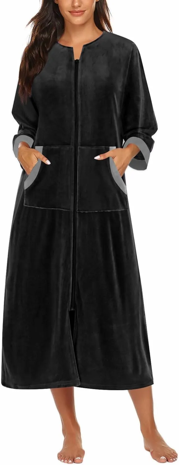 50% OFF Women Zipper Robe 3/4 Sleeves Loungewear Dress Full Length Sleepwear Pockets Housecoat Nightgown Long Bathrobe
