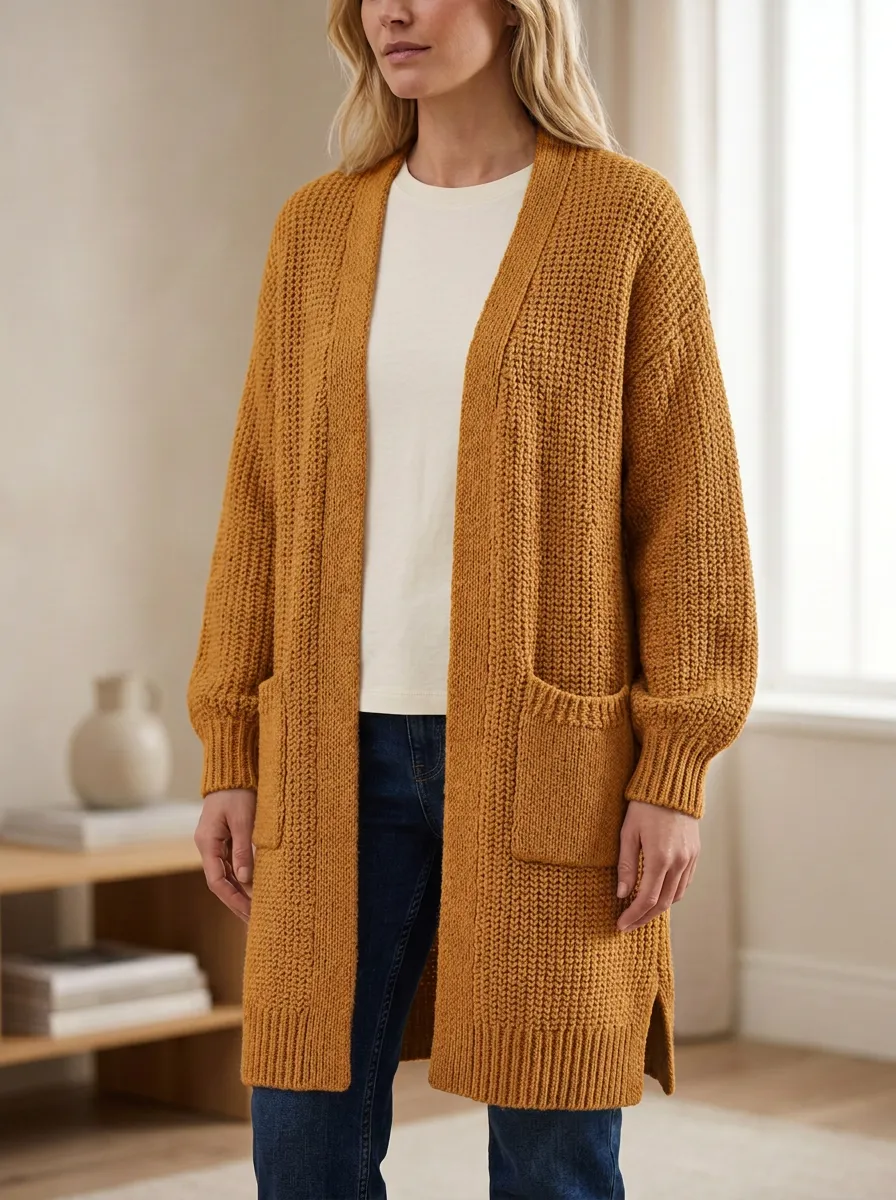 Women's Minimalist Waffle Knit Long Cardigan