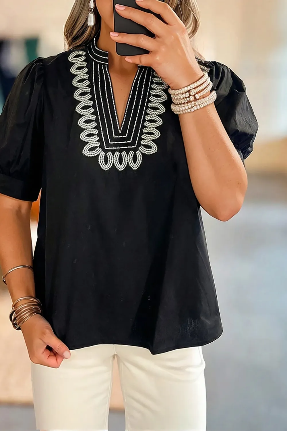 Embroidered V-Neck Puff Sleeve Blouse