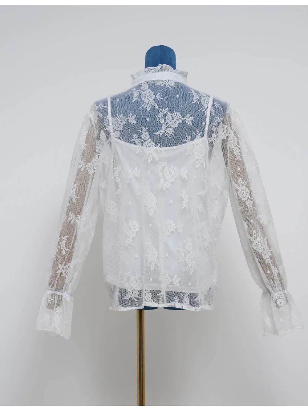 Boho Sheer Lace Ruffle Trim Button Front Blouse
