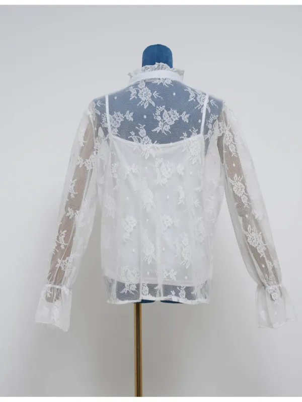 Boho Sheer Lace Ruffle Trim Button Front Blouse