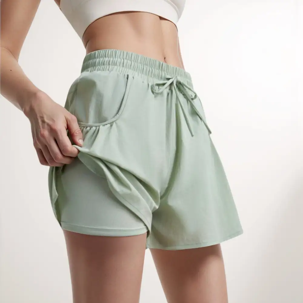 High-Waist Drawstring Elastic-Waist Pleated Athletic Shorts