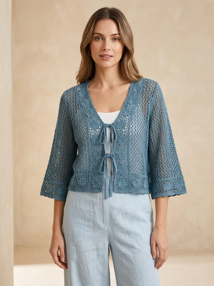 Women's Boho Style Blue Crochet Tie-Front Knit Cardigan Top