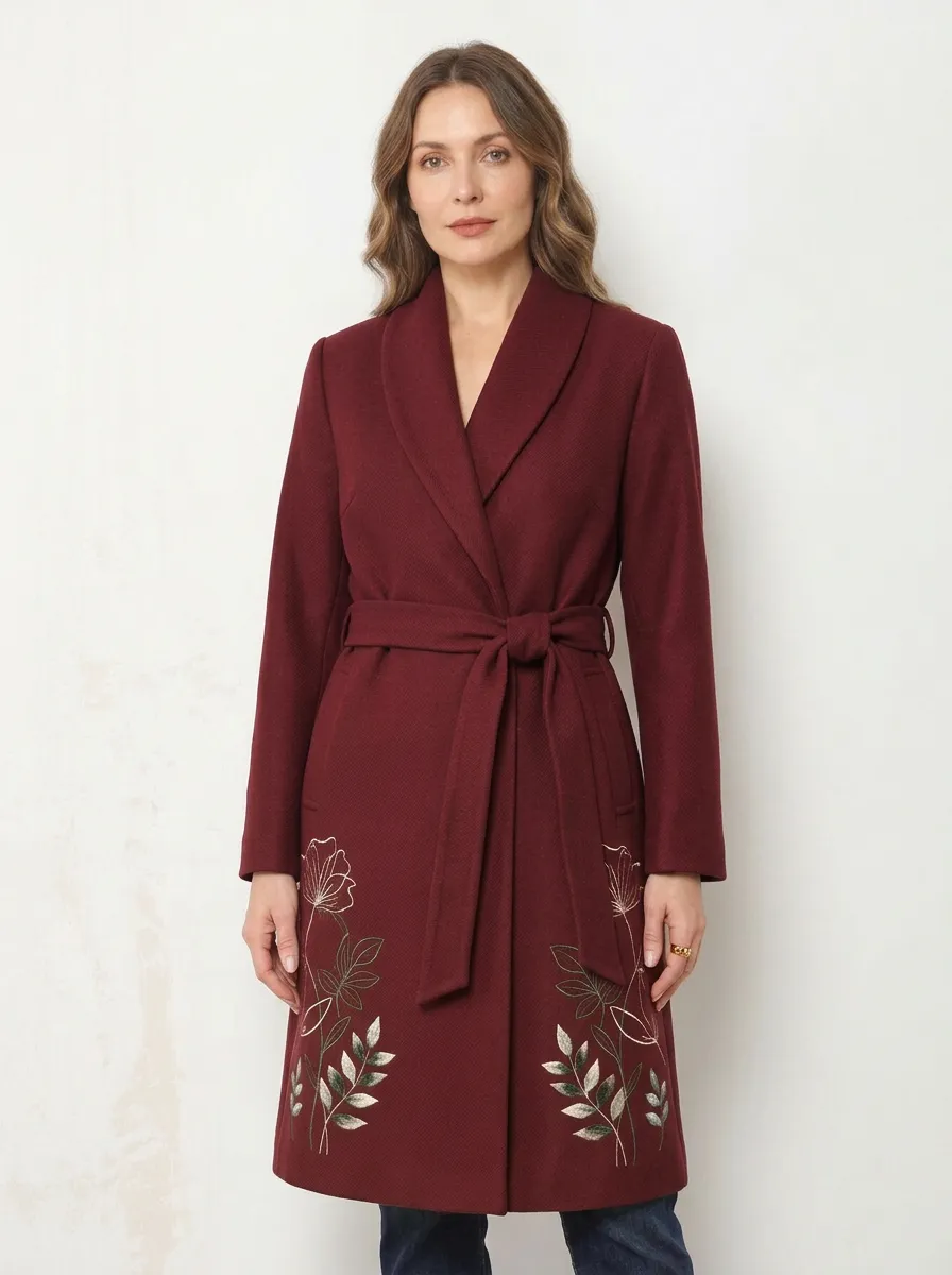 Women's Floral Embroidered Brown Belted Coat