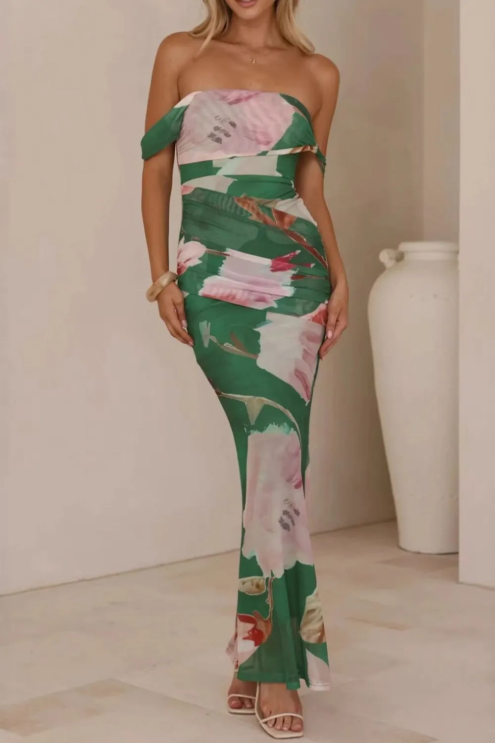 Clean Line Floral Printed Ruched Maxi Dress