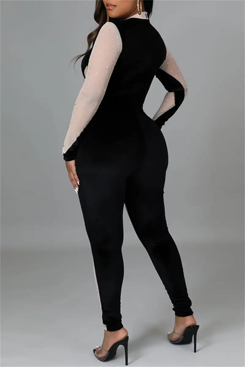 Fashion Sexy Patchwork Hot Drilling See-through Half A Turtleneck Skinny Jumpsuits