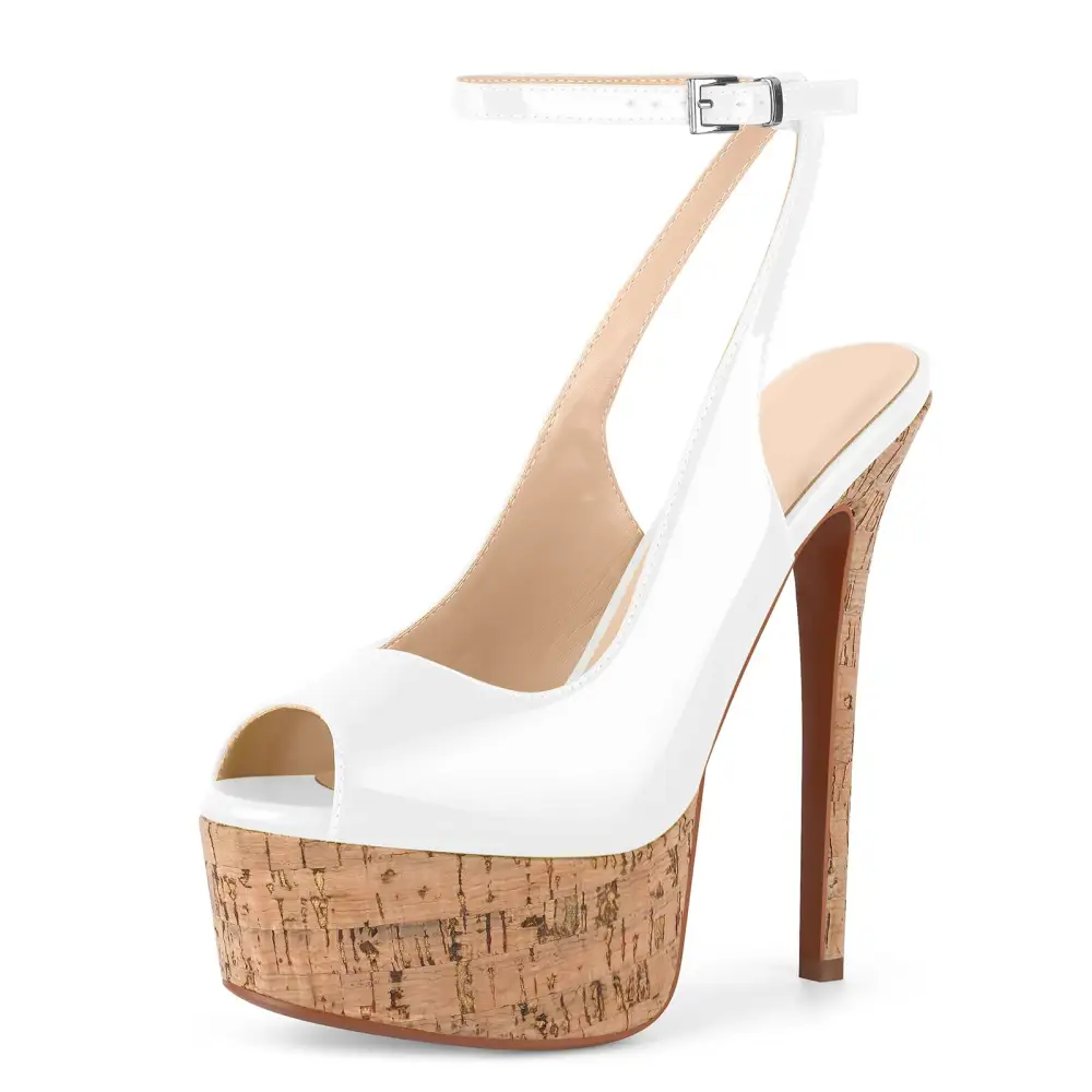 Patent Finish Peep Toe Platform Stiletto Ankle Strap Pumps