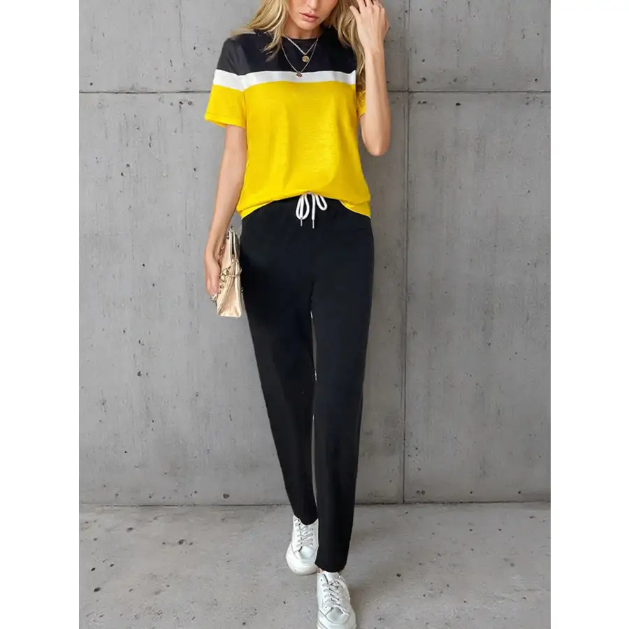 Casual Block Top and Pants Set