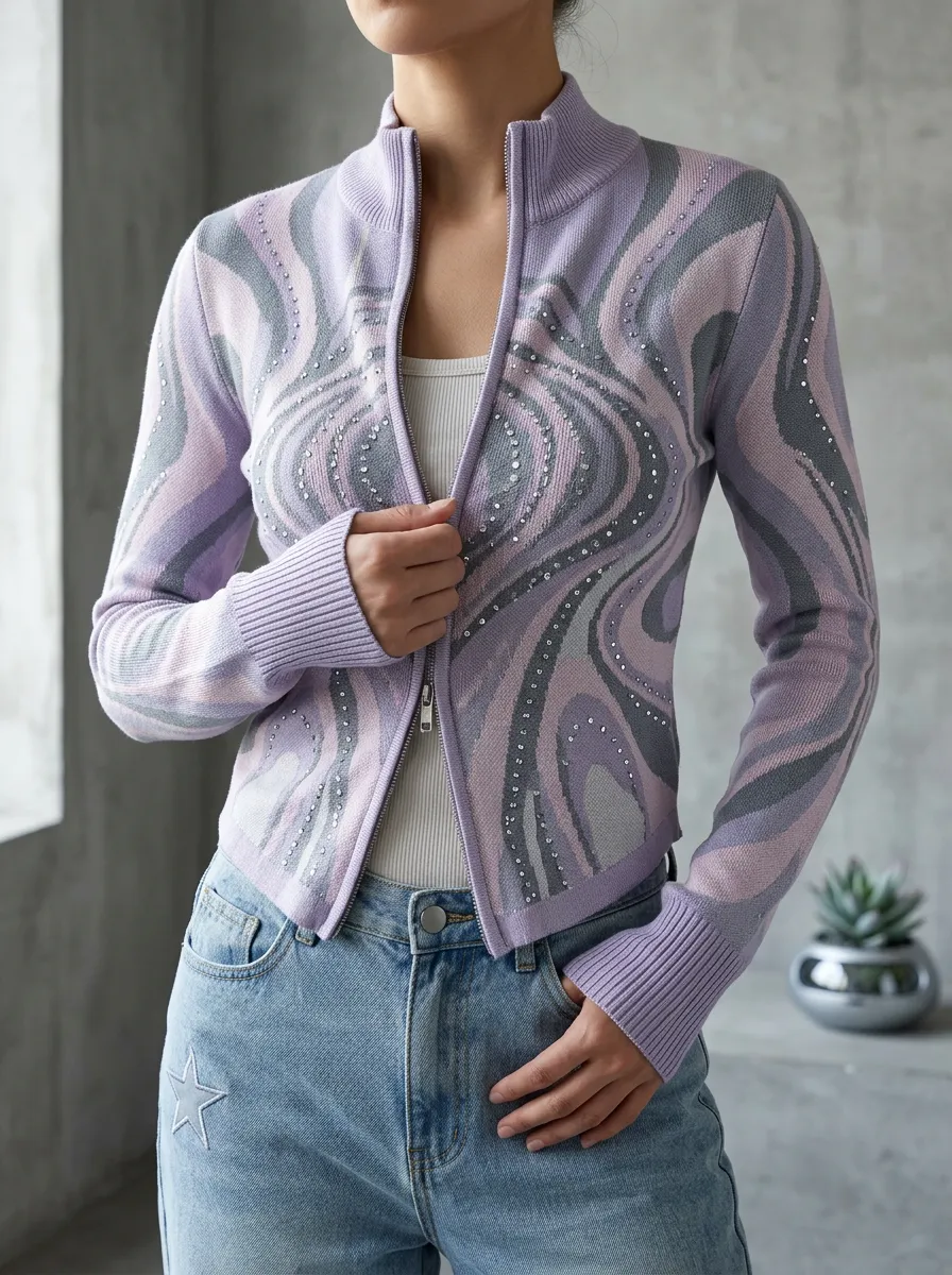 Women's Y2K Aesthetic Swirl Pattern Rhinestone Printed Cardigan