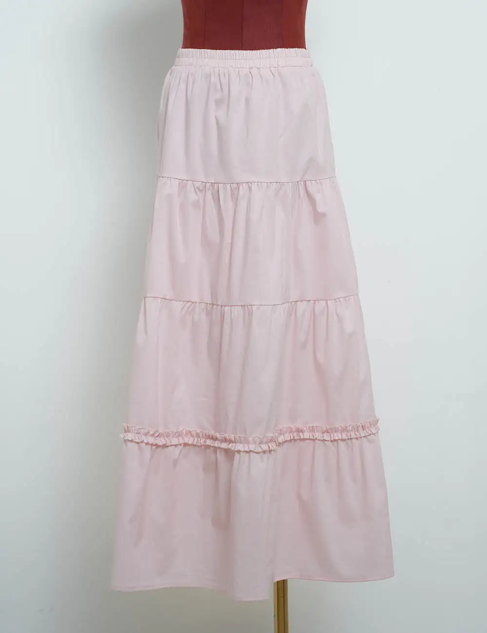 Tiered Hem Elastic Waist Solid Color Midi Skirt