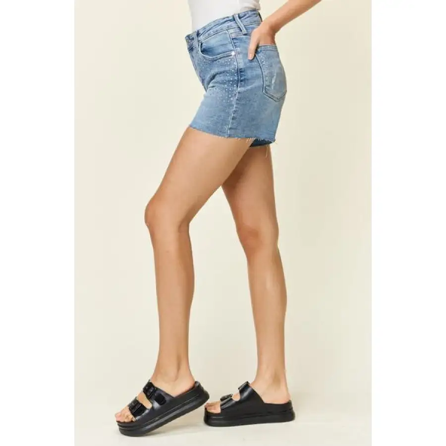 Full Size High Waist Rhinestone Decor Denim Shorts
