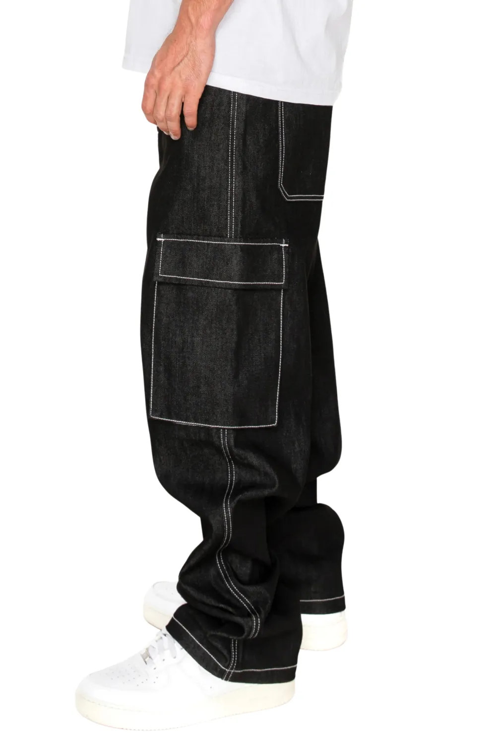 Men's Baggy Fit Raw Denim Cargo Jeans