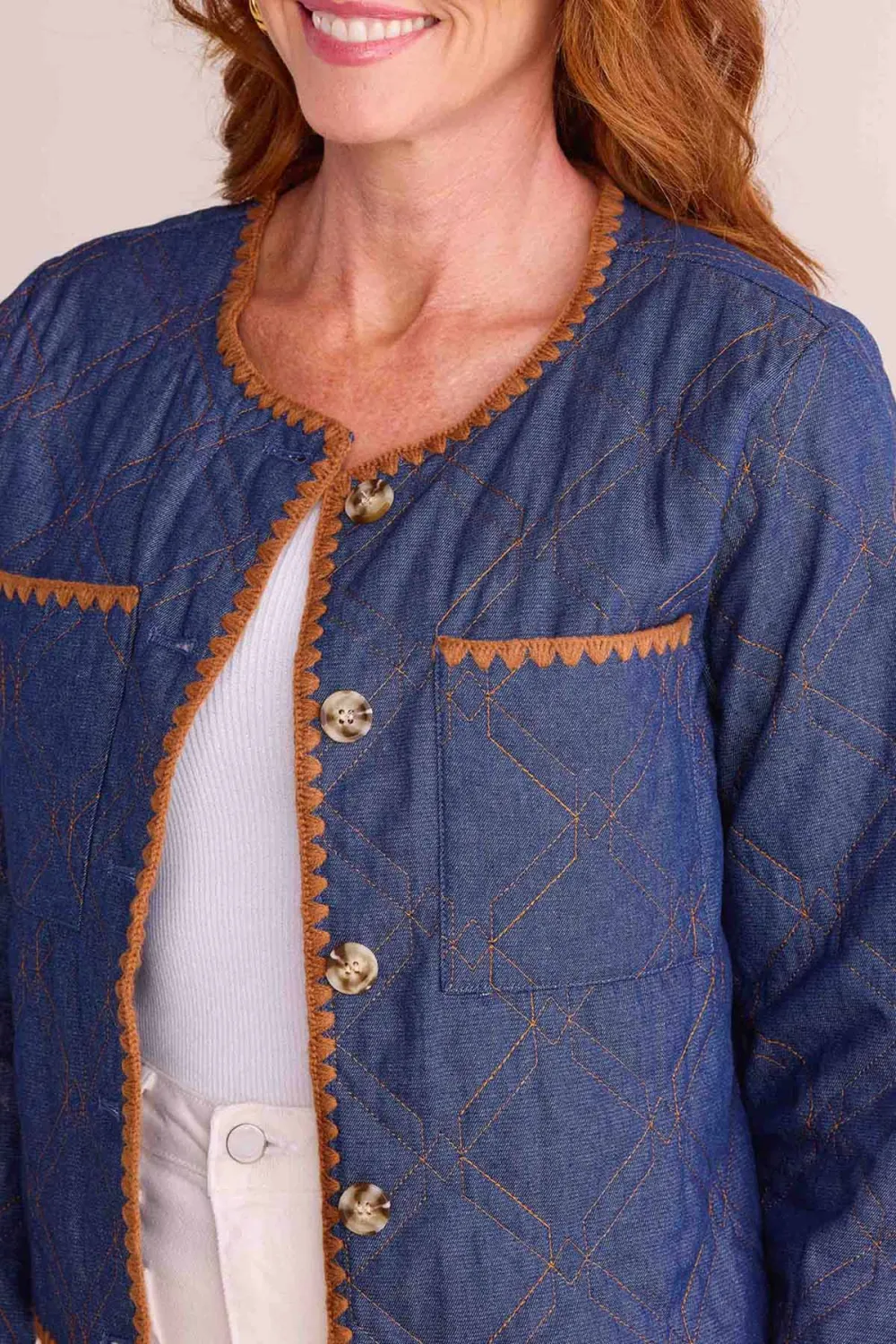 Blue Denim Contrast Stitch Quilted Cropped Jacket