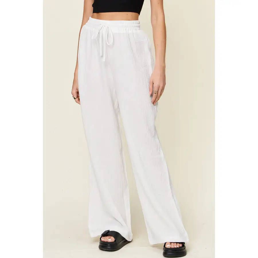 Full Size Texture Drawstring Wide Leg Pants