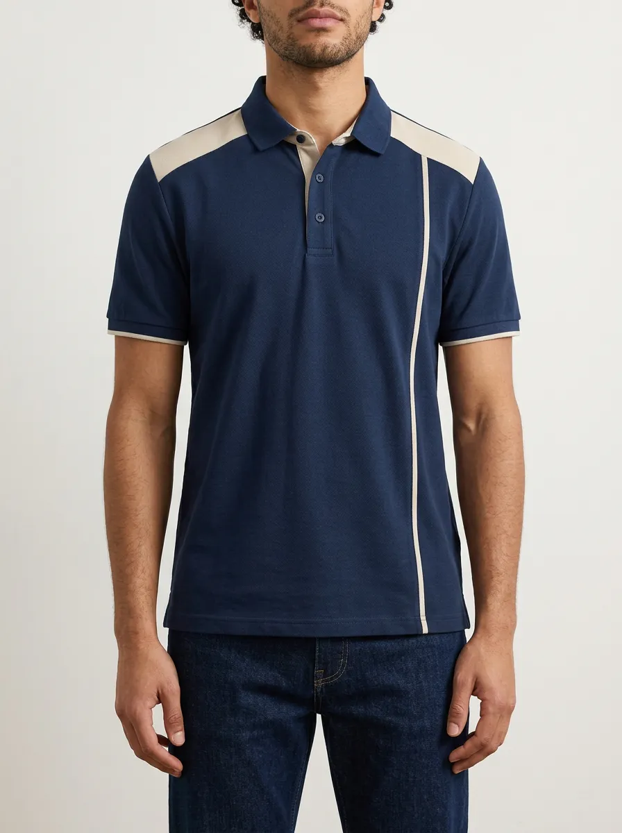 Men's Knit Ribbed Textured Colorblock Contrast-Piping Contrast-Trim Running Graphic Polo Shirt
