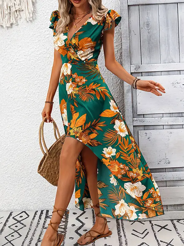 High Flower Neck Maxi Dress