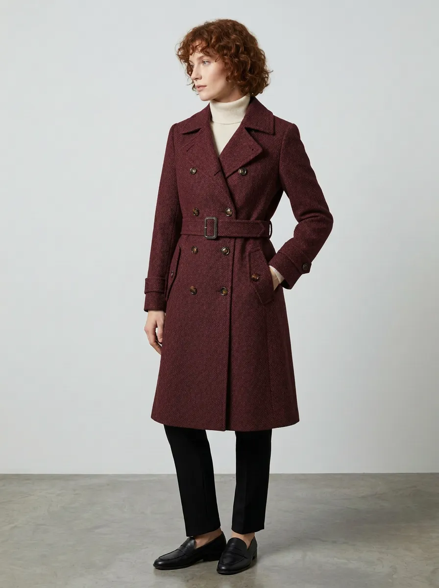 Women's Classic Business Grey Herringbone Double-Breasted Trench Coat