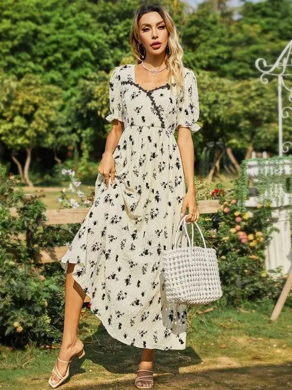 Women Sweetheart Flounce Sleeve Floral Dress