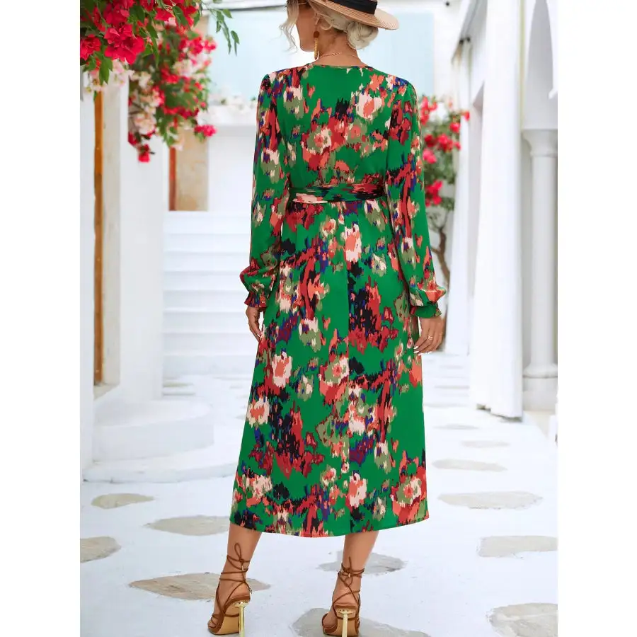 Printed Surplice Long Sleeve Midi Dress
