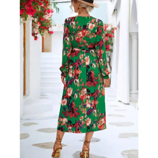 Printed Surplice Long Sleeve Midi Dress