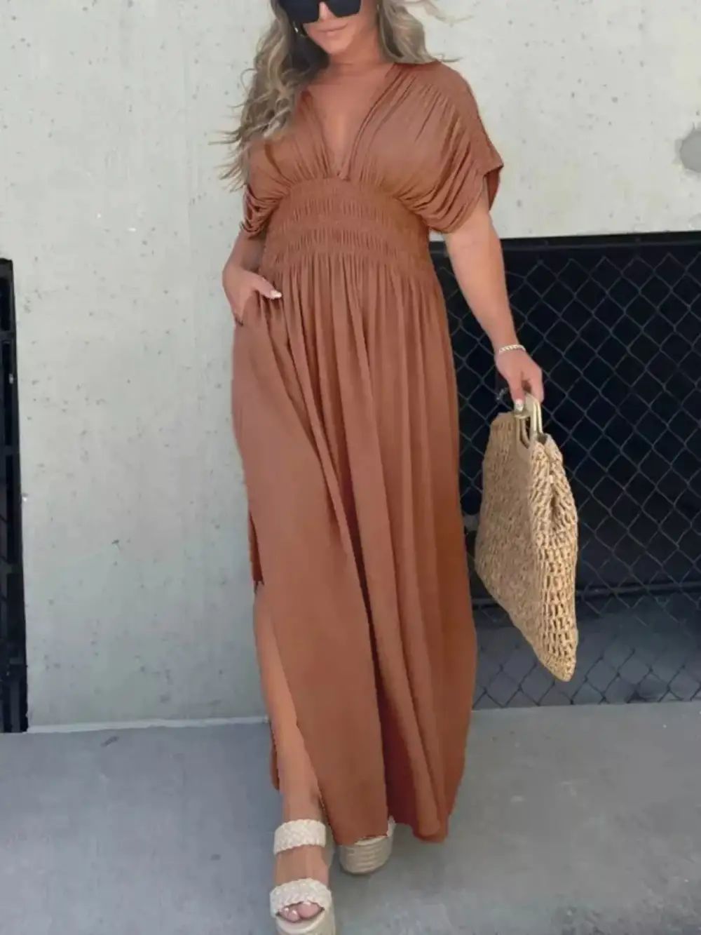V Neck Smocked Slit Maxi Dress