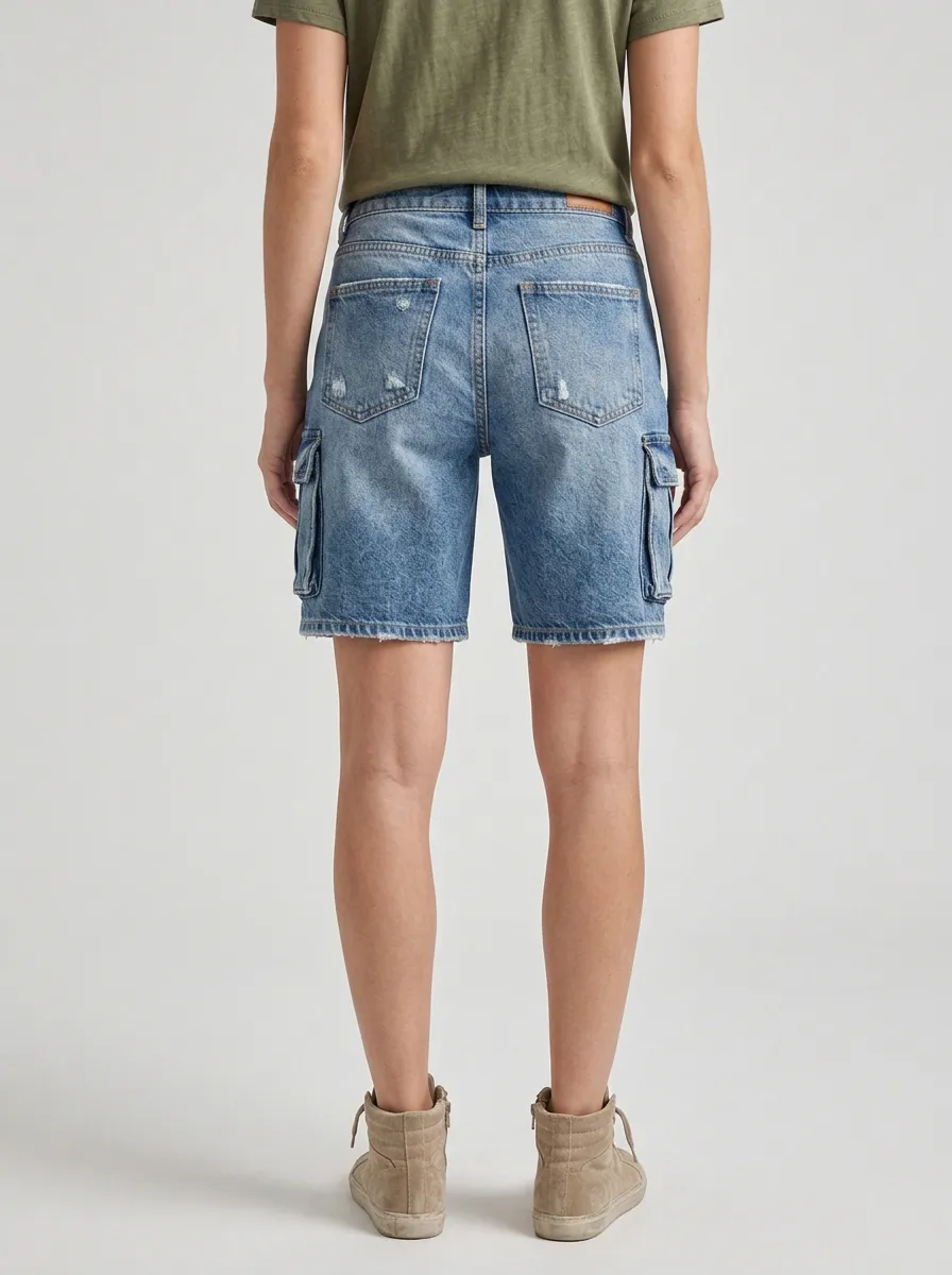 Women's Modern Distressed Denim Cargo Pocket Shorts Cargo Denim Shorts