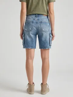Women's Modern Distressed Denim Cargo Pocket Shorts Cargo Denim Shorts