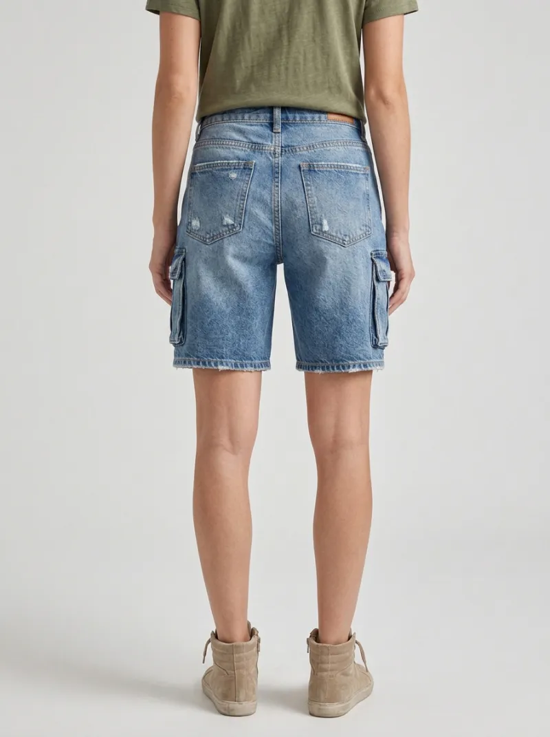 Women's Modern Distressed Denim Cargo Pocket Shorts Cargo Denim Shorts