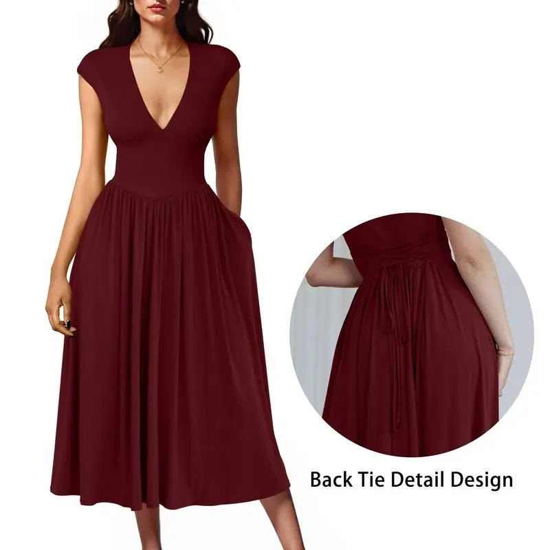 5PACK-Women'S Summer Casual Deep V NeckMidi Dress