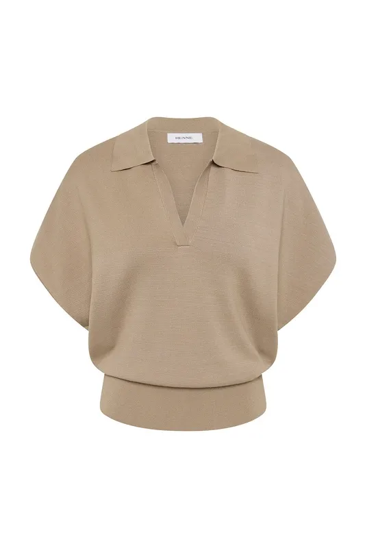 Taupe Waisted Polo Knit Top
