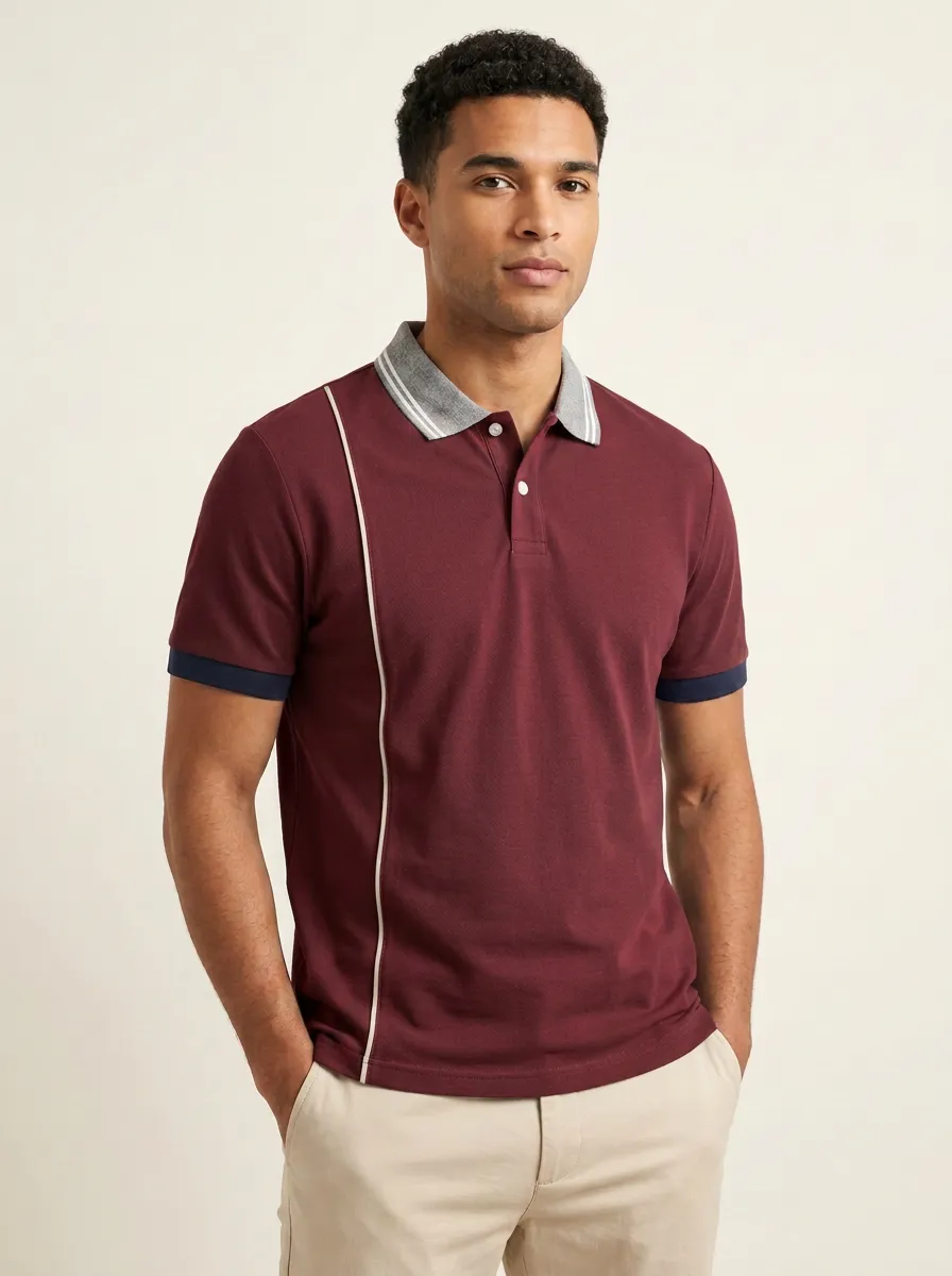 Men's Knit Ribbed Vertical-Stripe Contrast-Panel Contrast-Piping Contrast-Trim Running Polo Shirt