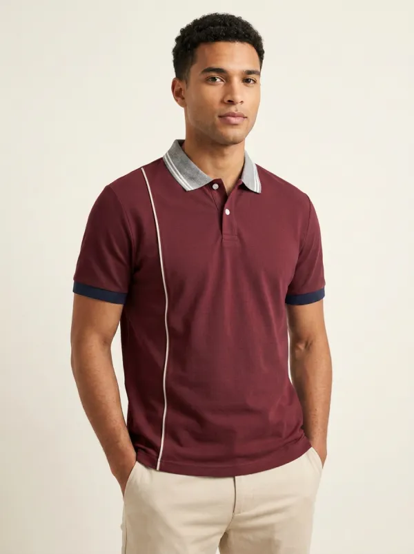 Men's Knit Ribbed Vertical-Stripe Contrast-Panel Contrast-Piping Contrast-Trim Running Polo Shirt