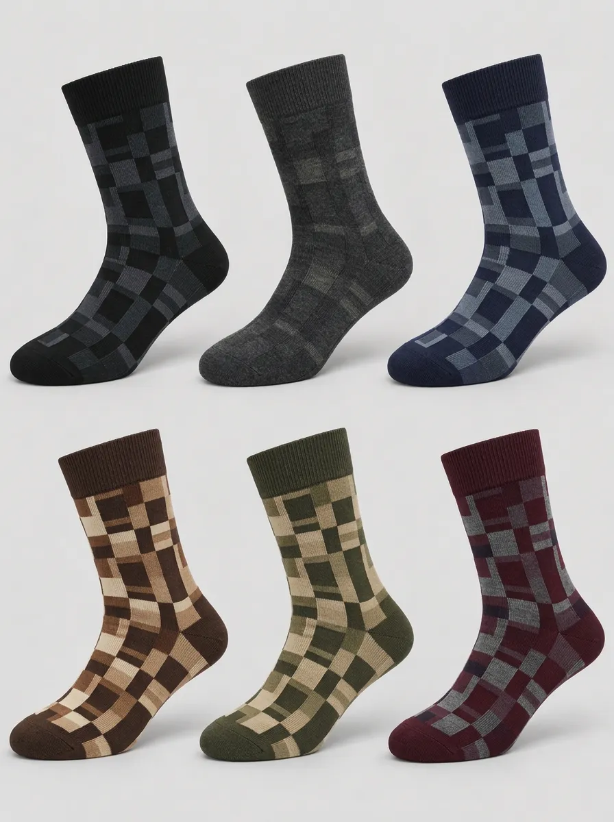 Men's Multicolor Geometric Pattern Plaid Crew Socks 6-Pack