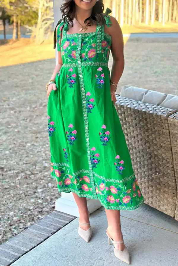 Floral Print Knotted Contrast Trim Midi Dress