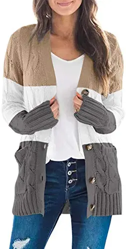 Women's Long Sleeve Cable Knit Sweater Open Front Cardigan Button Loose Outerwear