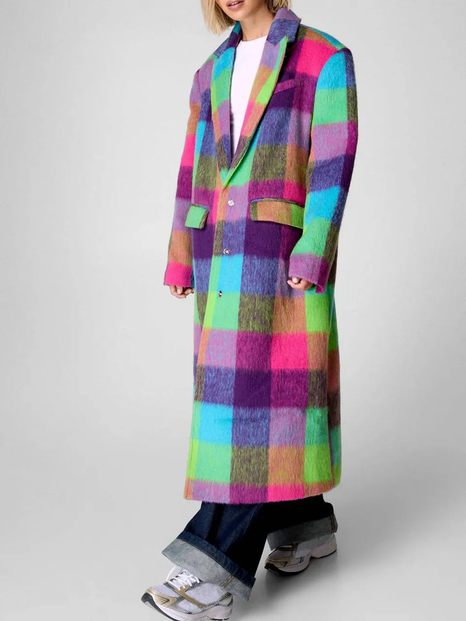 Women'S Contrast Plaid Fuzzy Long Coat