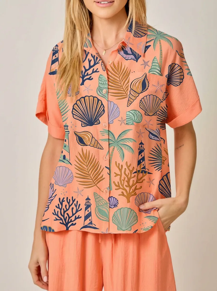 Women's Beach Vacation Seashell Lighthouse Palm Printed Shirt